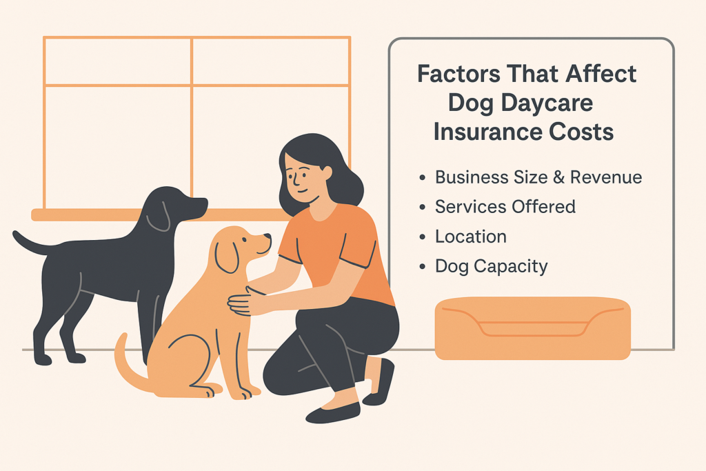 A woman kneels beside her dog, with text reading 'Factors That Affect Doggy Daycare Costs
